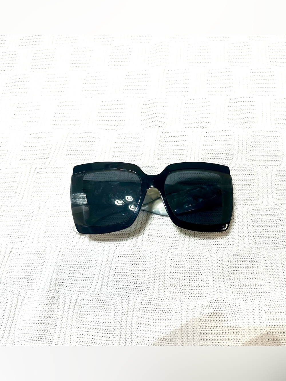 Jimmy Choo White Pearl Marble Oversized Square Sunglasses Gold JC Logo